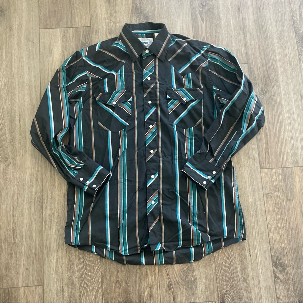 Western vintage mens pearl button down shirt size 16 32/33 cowboy